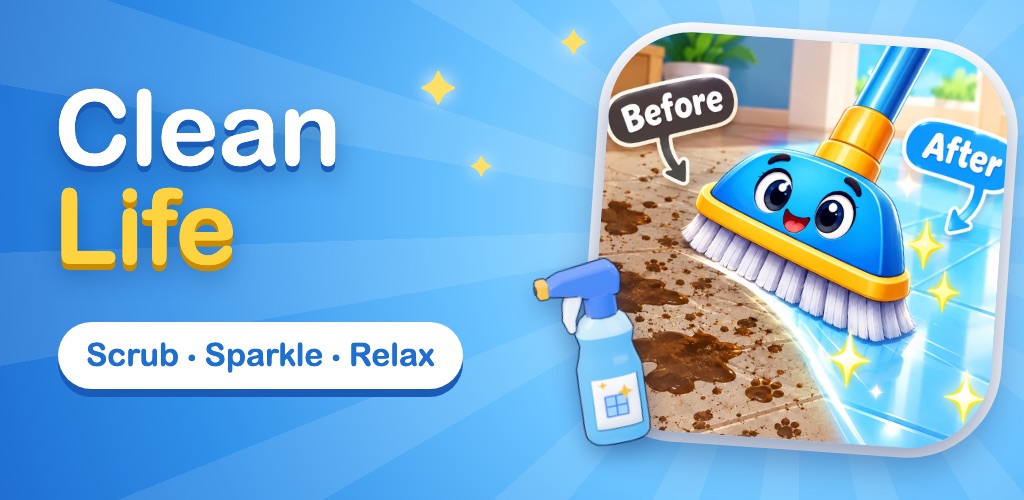 Clean Life: a friendly brush cleaning a dirty floor until it sparkles